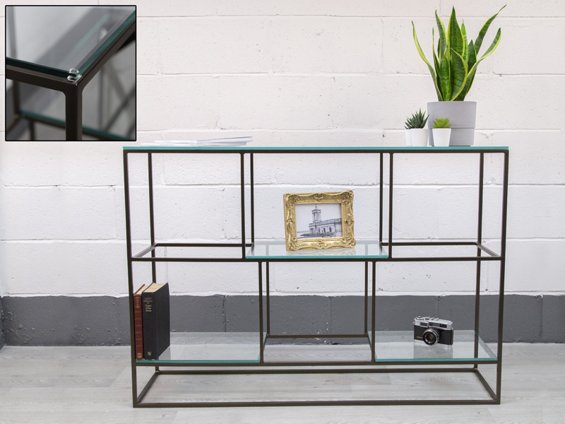 Metal and glass side console table 